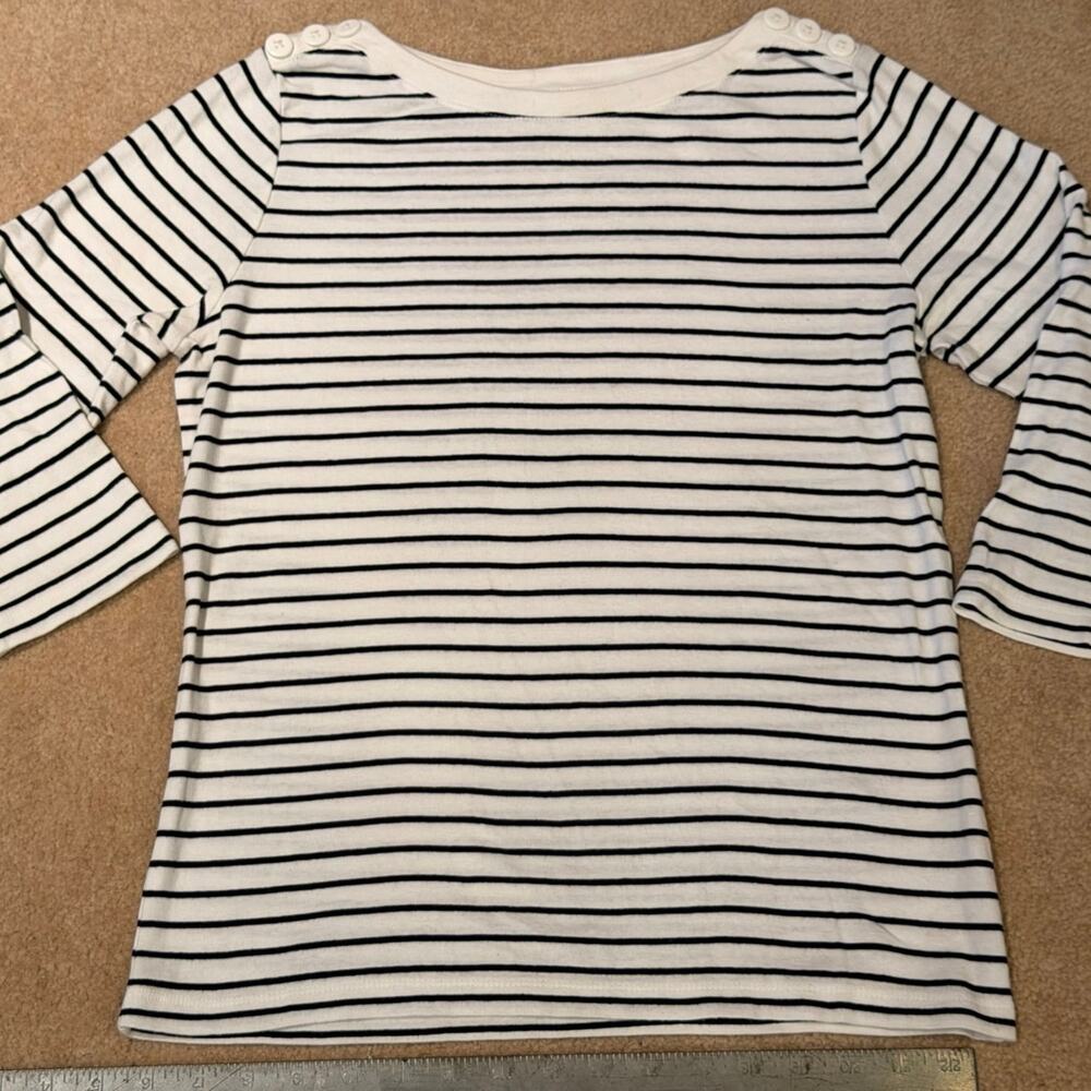 St. John's Bay Women's Medium Striped Boat Neck Top 3/4 Sleeve Button Shoulder